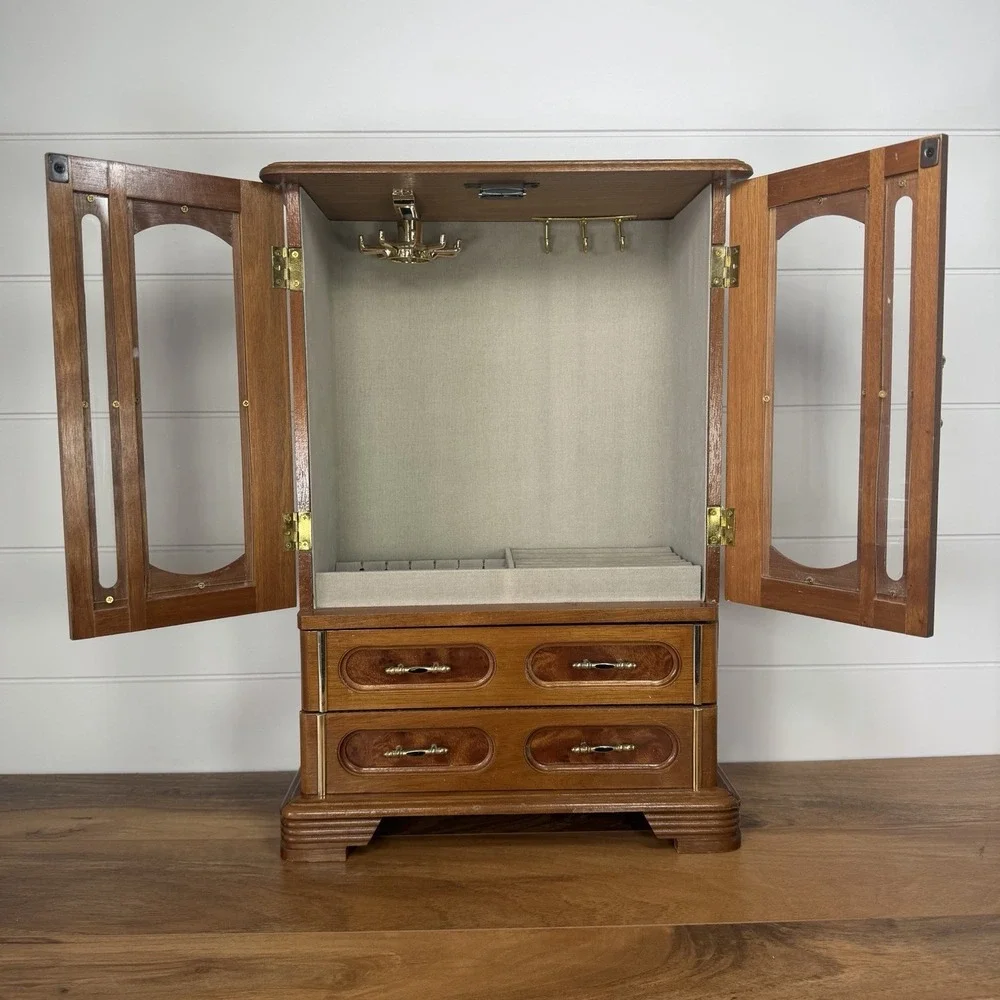 VTG Wood 2 Door Jewelry Box Armoire Cabinet w Mirror Drawers Organizer 18